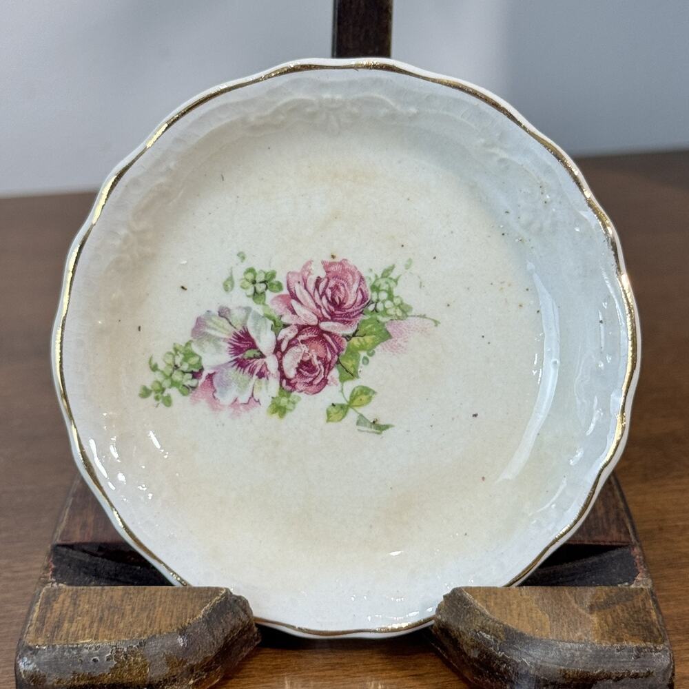 Antique Butter Pat Gold Trim Pink Roses 3" Floral R47 Staining Toasty
